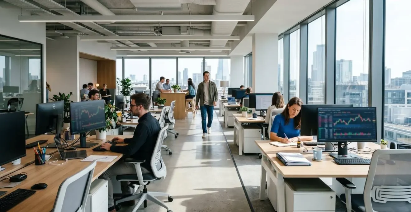 Bureau moderne d'un conseiller financier avec écran d'ordinateur affichant des graphiques de taux immobilier, lumière naturelle abondante