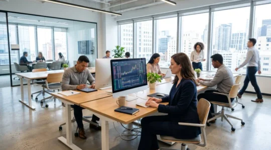 Bureau moderne d'un conseiller financier avec écran d'ordinateur affichant des graphiques de taux immobilier, lumière naturelle abondante