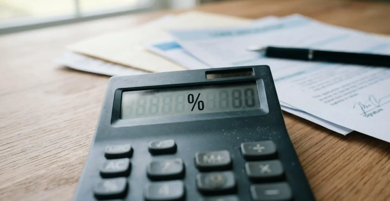 Gros plan d'une calculatrice moderne affichant un pourcentage sur un bureau en bois clair avec des documents floutés en arrière-plan