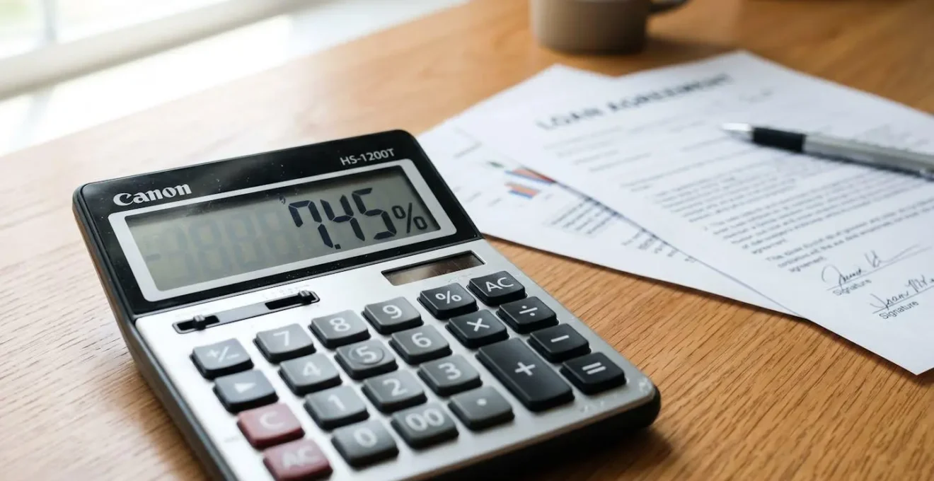 Gros plan d'une calculatrice moderne affichant un pourcentage sur un bureau en bois clair avec des documents floutés en arrière-plan