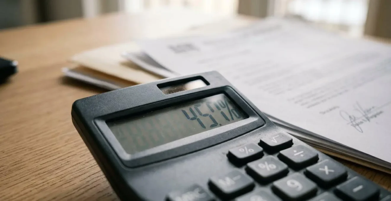 Gros plan d'une calculatrice moderne affichant un pourcentage sur un bureau en bois clair avec des documents floutés en arrière-plan