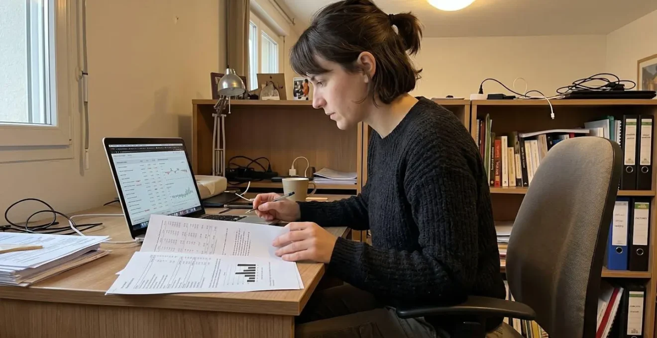 Une femme assise à la terrasse d'un café consulte son smartphone avec concentration, lumière naturelle d'après-midi