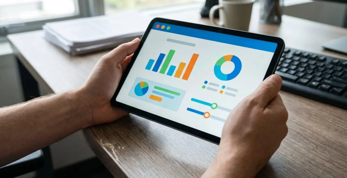 Gros plan sur l'écran d'une tablette affichant les résultats d'une simulation de crédit avec les chiffres des mensualités, du TAEG et de la durée clairement visibles