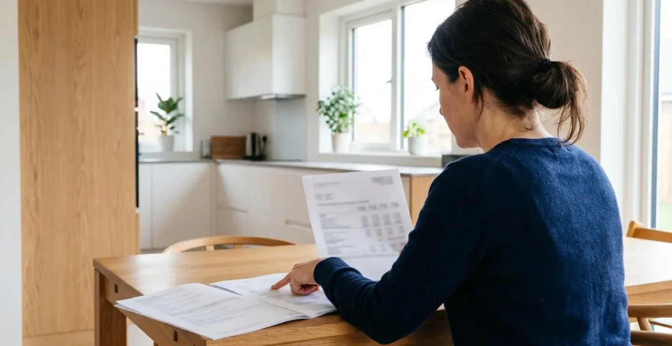 Une personne vue de dos consulte des documents de prêt immobilier sur une table, sa main pointe des chiffres sur le papier