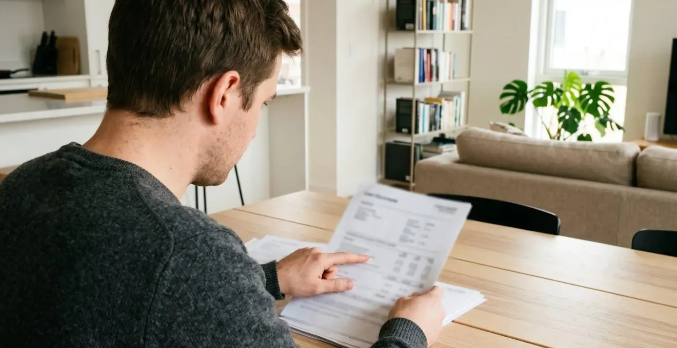 Une personne vue de dos consulte des documents de prêt immobilier sur une table, sa main pointe des chiffres sur le papier
