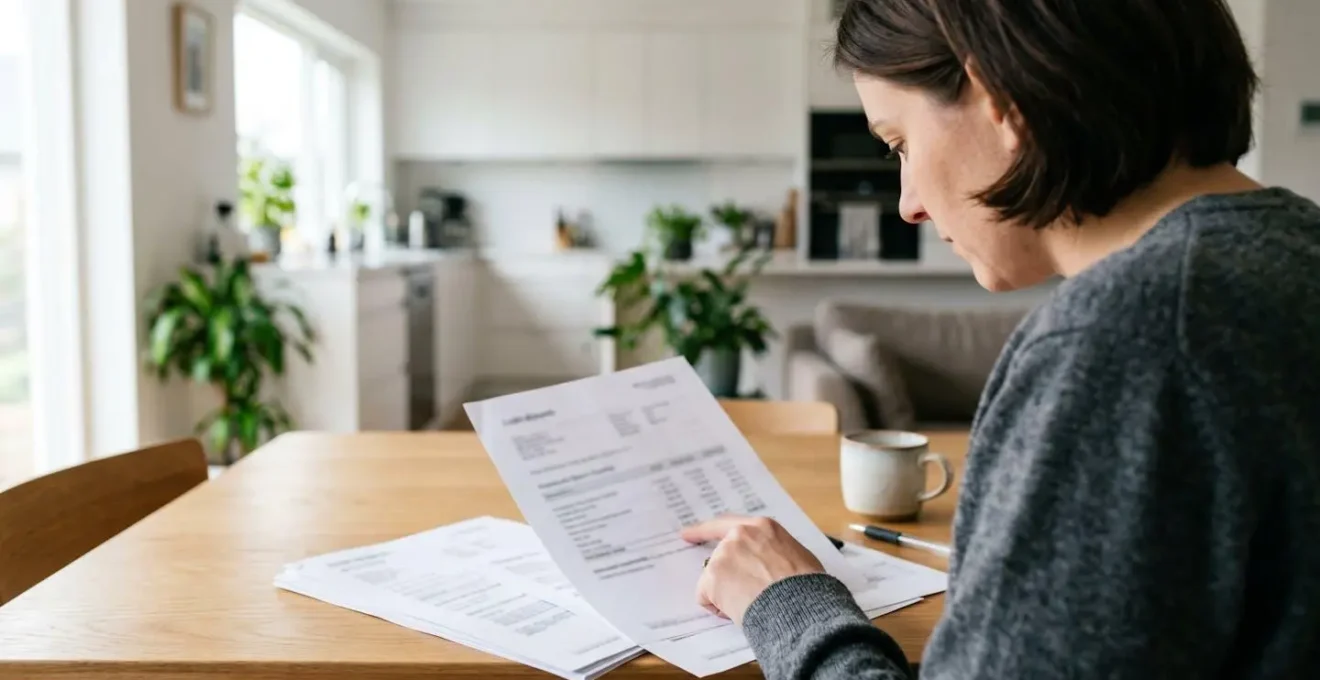 Une personne vue de dos consulte des documents de prêt immobilier sur une table, sa main pointe des chiffres sur le papier