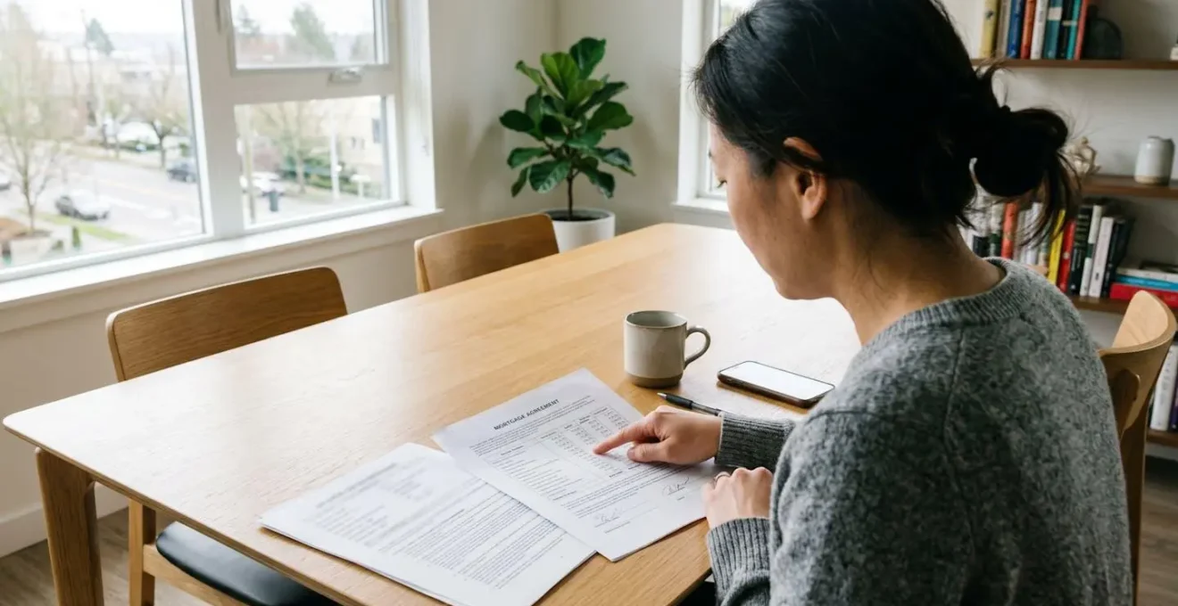 Une personne vue de dos consulte des documents de prêt immobilier sur une table, sa main pointe des chiffres sur le papier