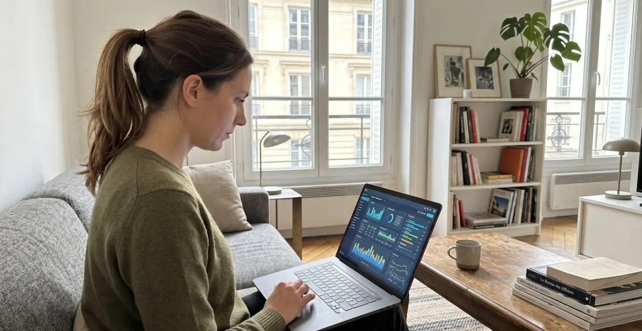 Une femme d'une trentaine d'années assise dans un canapé consulte un ordinateur portable dans un salon moderne baigné de lumière naturelle