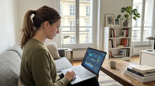 Une femme d'une trentaine d'années assise dans un canapé consulte un ordinateur portable dans un salon moderne baigné de lumière naturelle