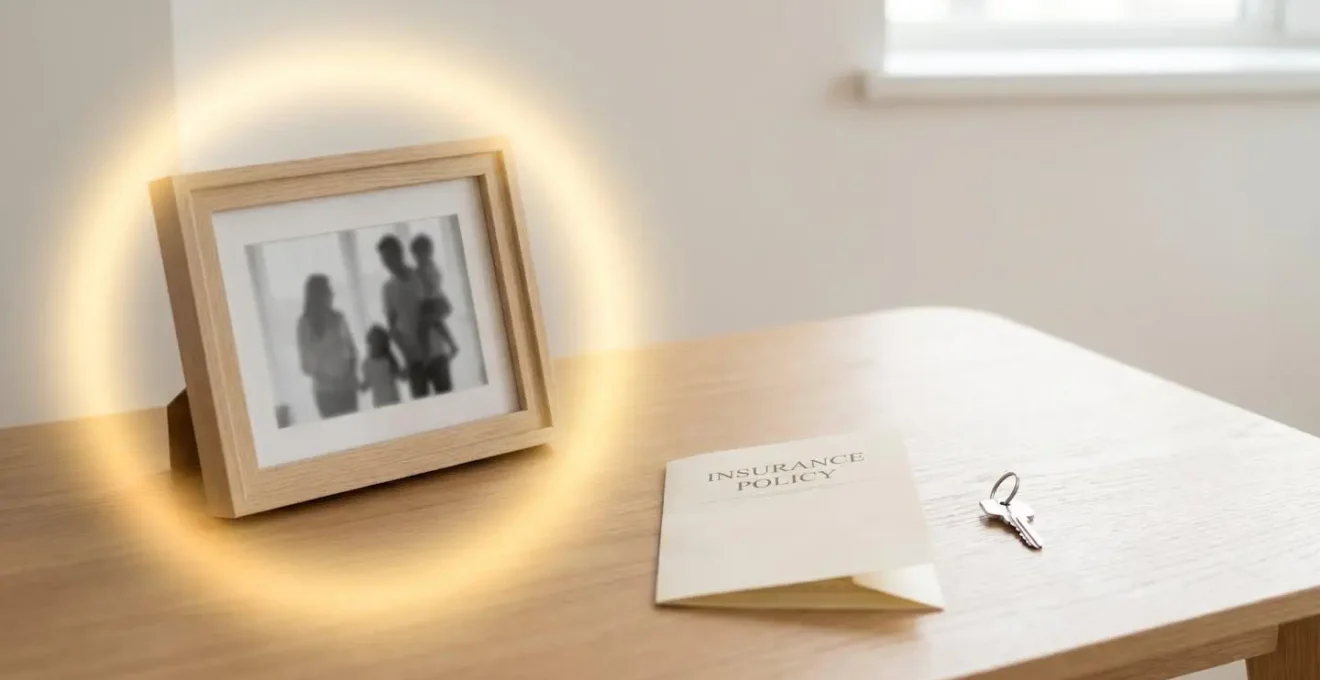 Cadre photo de famille entouré d'un halo de lumière douce, avec document d'assurance et clé de maison, symbolisant la protection de l'assurance emprunteur