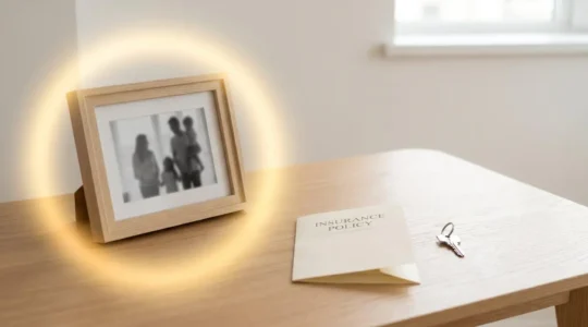 Cadre photo de famille entouré d'un halo de lumière douce, avec document d'assurance et clé de maison, symbolisant la protection de l'assurance emprunteur