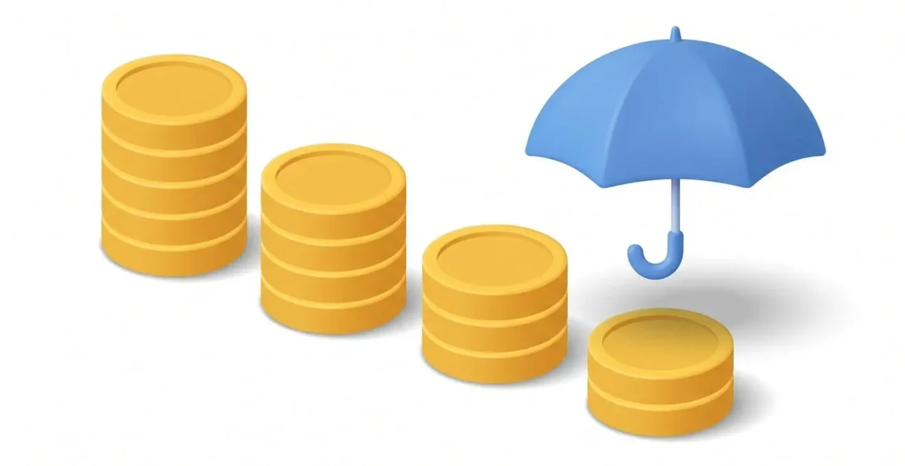 Illustration 3D de colonnes de pièces décroissantes protégées par un parapluie, symbolisant le capital restant dû couvert par l'assurance
