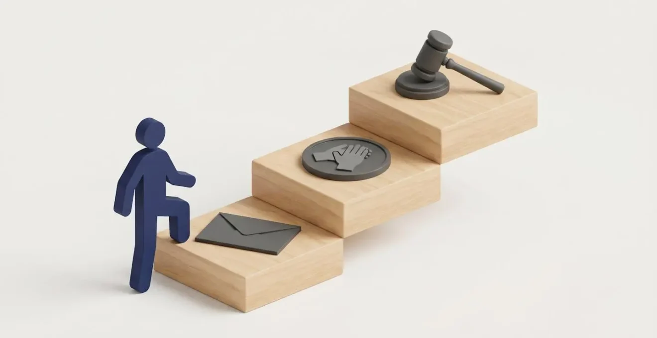 Illustration 3D d'un escalier à trois marches avec symboles de relance, médiation et justice, représentant le parcours de recours
