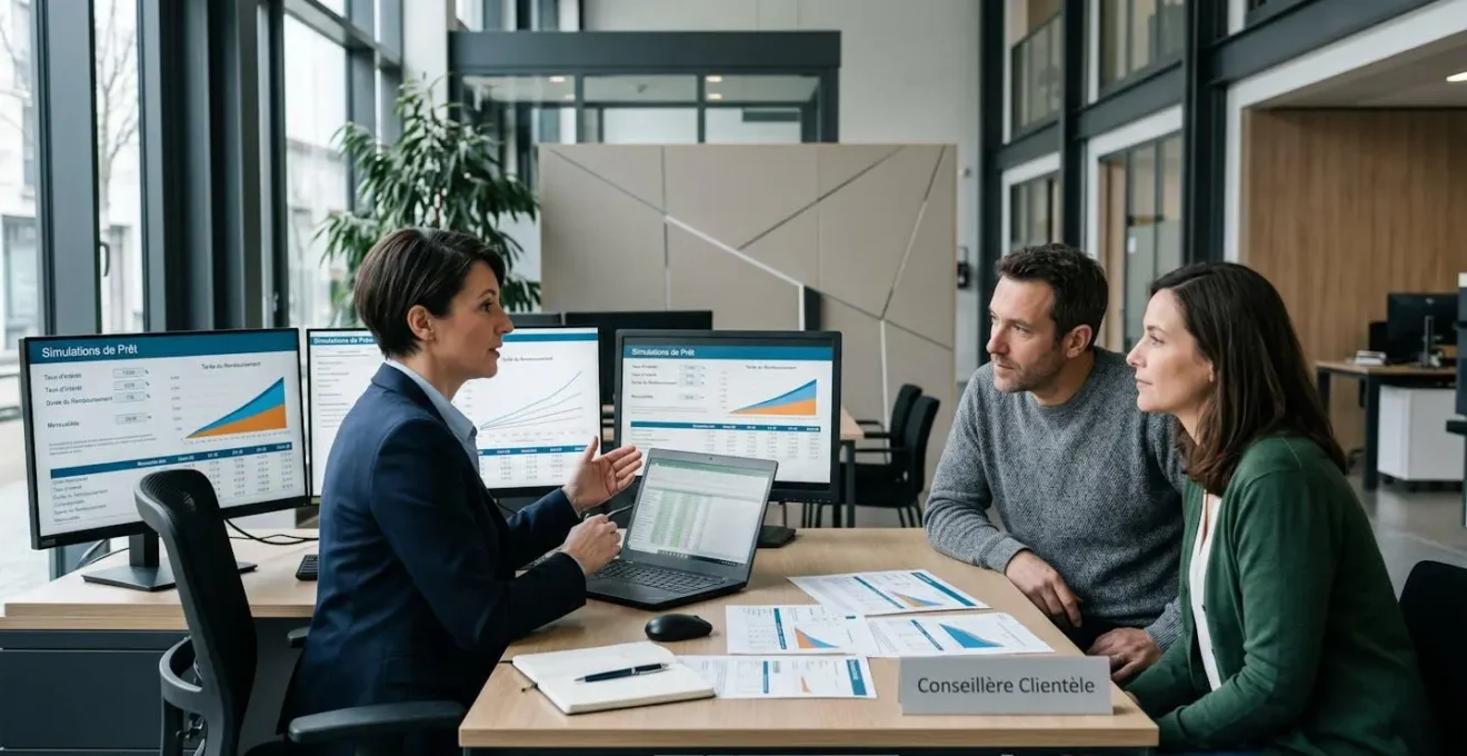 Conseiller bancaire présentant différents résultats de simulation de crédit immobilier sur écrans d'ordinateur à un couple dans un bureau de banque moderne