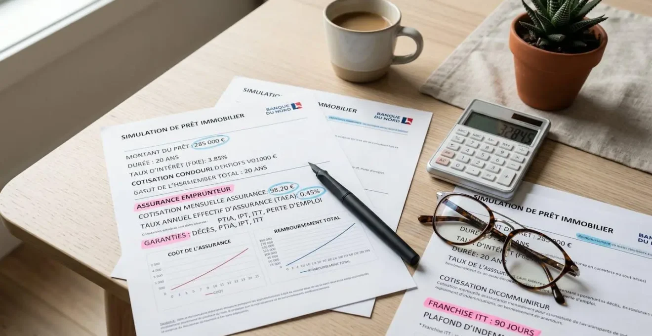 Documents de simulation de crédit immobilier étalés sur un bureau avec éléments surlignés et calculatrice pour vérification des coûts