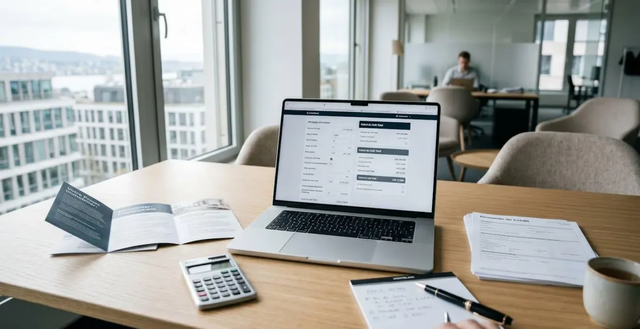 Écran d'ordinateur portable affichant une interface de simulation de crédit immobilier avec champs de saisie et calculs de mensualité, posé sur un bureau moderne avec documents financiers