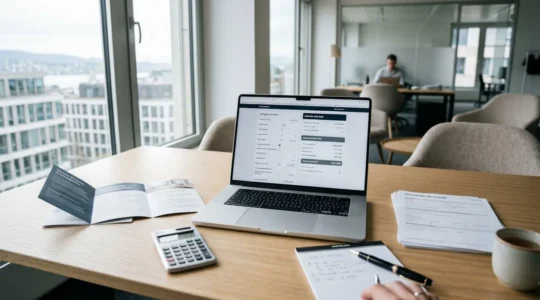 Écran d'ordinateur portable affichant une interface de simulation de crédit immobilier avec champs de saisie et calculs de mensualité, posé sur un bureau moderne avec documents financiers