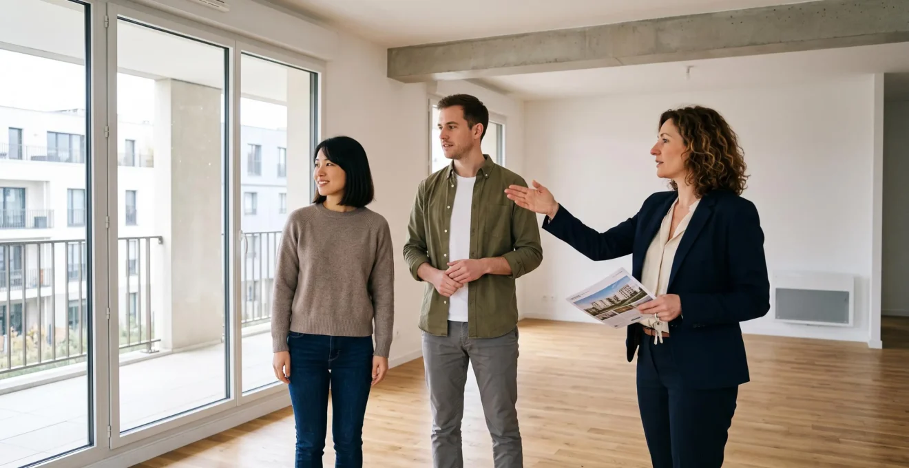 Jeune couple visitant un appartement neuf lumineux en France avec un agent immobilier