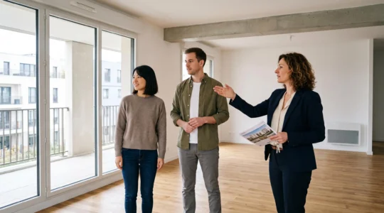 Jeune couple visitant un appartement neuf lumineux en France avec un agent immobilier