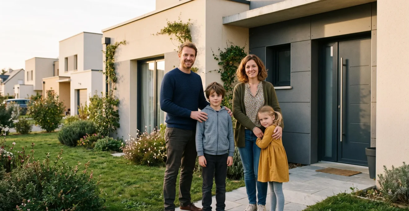 Famille de quatre personnes devant leur maison individuelle dans une ville moyenne française