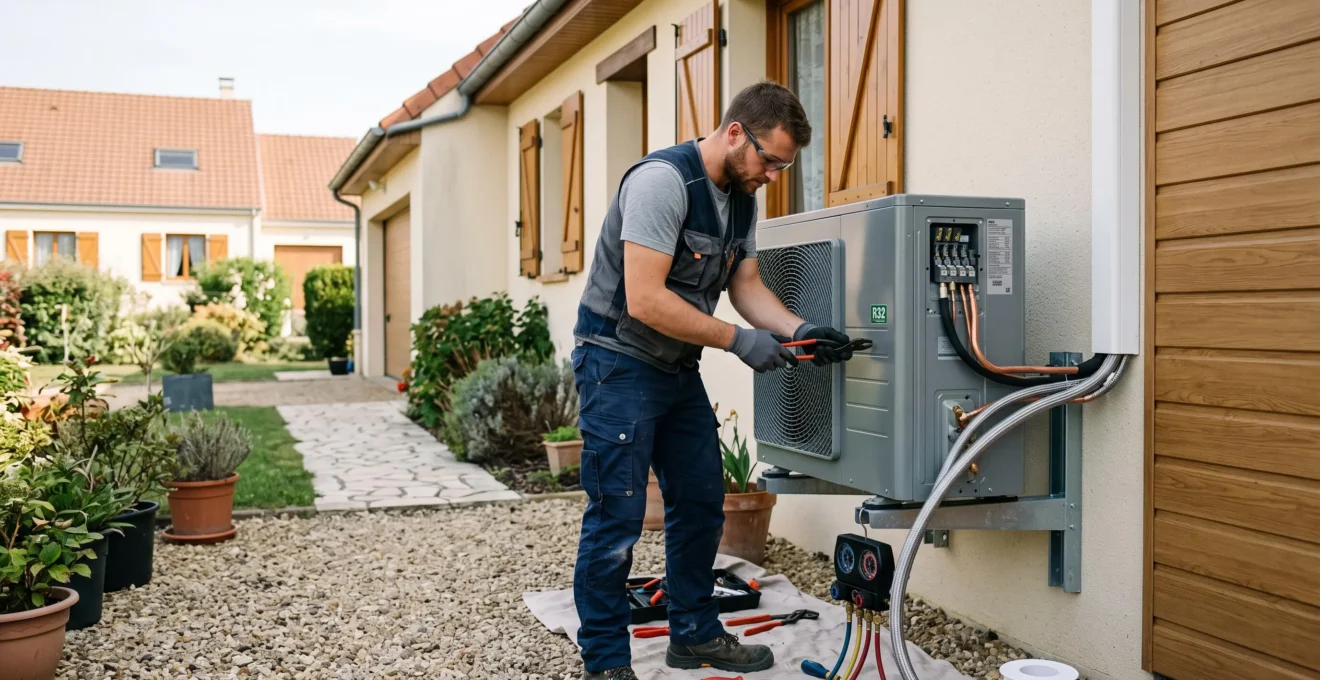 Deux menuisiers installant une fenêtre double vitrage sur la façade d'une maison individuelle