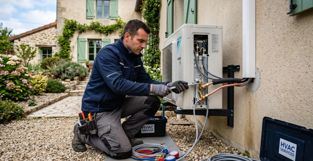 Technicien en train de raccorder une pompe à chaleur air-eau sur le mur extérieur d'une habitation