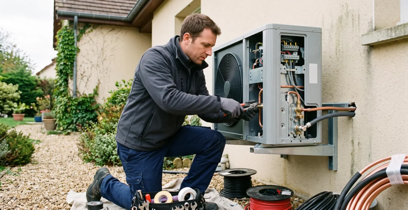 Professionnel installant de la laine minérale isolante entre les chevrons de combles dans une maison en rénovation