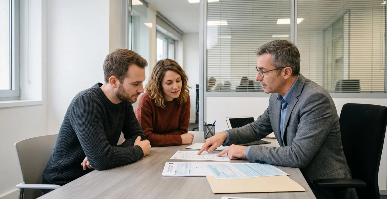 Couple rencontrant un conseiller bancaire pour discuter d'un dossier de prêt immobilier